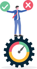 Businessman holding a checkmark and cross behind an indicator showing a cross,
