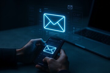 Person Holding Smartphone with Glowing Blue Email Icon Amid Futuristic Holographic Interface and Laptop Background