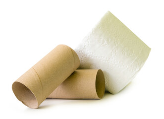 Tissue paper roll or toilet paper roll with cores or tissue paper tubes in stack isolated on white background with clipping path