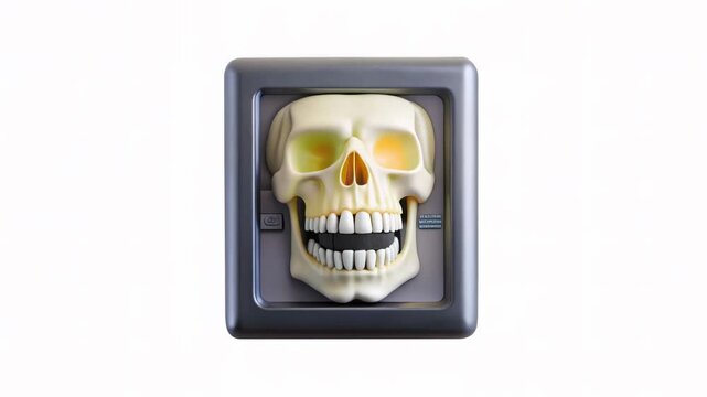 A skull depicted in a 3D icon with a shiny, metallic border, showcasing a spooky yet friendly expression.