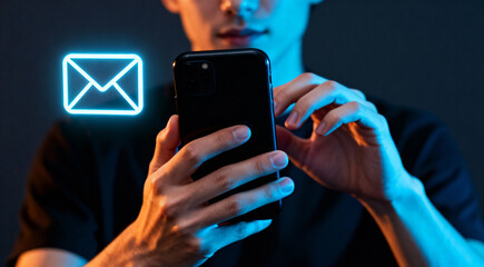 Person Holding Smartphone with Glowing Blue Email Icon, Typing Gesture, Dimly Lit Modern Tech Scene