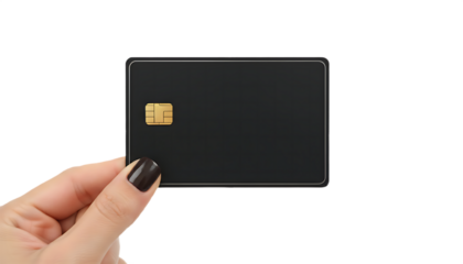 Hand holding a blank black credit card with a golden chip.