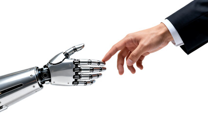 Human Hand Touching Robot Hand Symbolizing AI and Human Interaction.