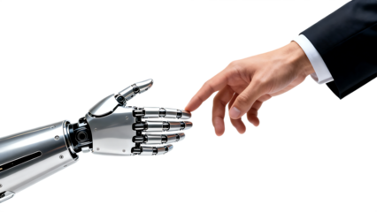 Human Hand Touching Robot Hand Symbolizing AI and Human Interaction.