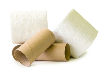 Tissue paper rolls or toilet paper rolls with cores or tissue paper tubes in stack isolated on white background with clipping path