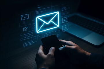 Person Holding Smartphone with Glowing Email Interface Above, Surrounded by Digital Symbols, Laptop on Desk