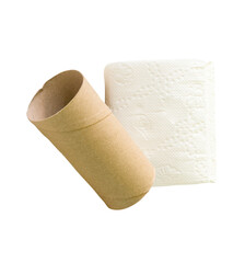Tissue paper roll or toilet paper roll with core or tissue paper tube in stack isolated with clipping path in png file format