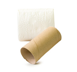 Tissue paper roll or toilet paper roll with core or tissue paper tube in stack isolated on white background with clipping path