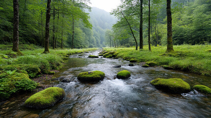 Obraz premium Lush forest stream flows gently over moss covered rocks, surrounded by serene greenery and soft