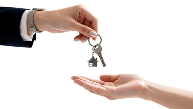 Handing over house keys symbolizes property ownership and new beginnings.