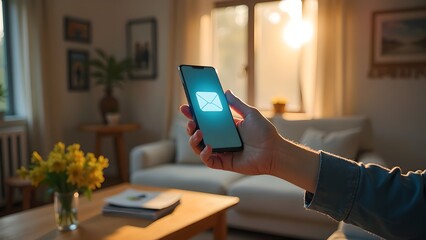 Hand Holding Smartphone with Glowing Email Icon in Cozy Sunlit Living Room with Warm Decor
