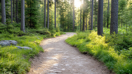 Fototapeta premium Winding forest trail surrounded by tall trees and lush greenery, illuminated by soft morning