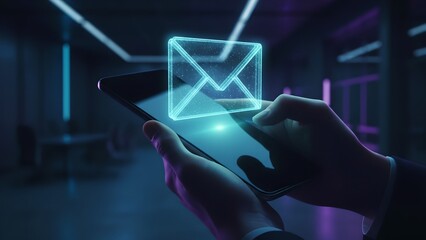 Hand in Dark Suit Holding Smartphone with Glowing Holographic Email Icon in Futuristic Neon Environment