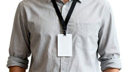 Man wearing a grey shirt with a white identification card on a black lanyard.