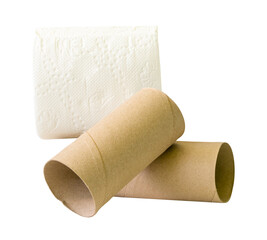 Tissue paper roll or toilet paper roll with cores or tissue paper tubes in stack isolated on white background with clipping path