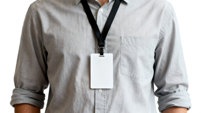 Man wearing a grey shirt with a white identification card on a black lanyard.