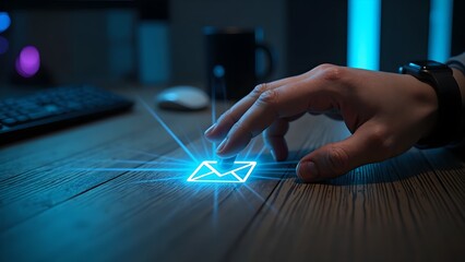 Hand Reaching Toward Glowing Blue Email Icon Projected on Wooden Desk with Smartwatch in Workspace