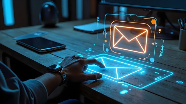 Hand Interacting with Holographic Email Interface on Wooden Desk, Smartwatch and Tablet Nearby
