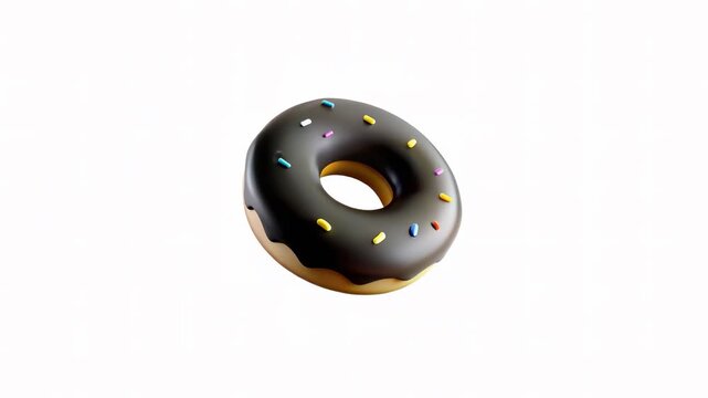 A 3D chocolate donut with colorful sprinkles on a plain white background, showcasing a glossy finish and realistic details.