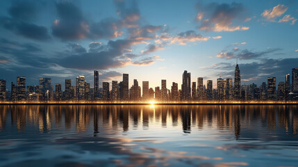 Obraz premium Futuristic city skyline glowing clear sky, reflecting water surface, creating serene atmosphere