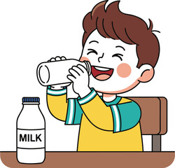 Happy child drinking milk from a glass, cheerful cartoon illustration perfect for nutrition, childhood health, school lunch, and dairy product advertising themes.
