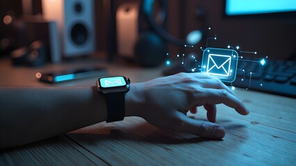 Hand Wearing Smartwatch on Wooden Desk with Glowing Holographic Email Icon and Futuristic Digital Particles