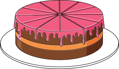 Pink frosted chocolate cake sliced into portions, sweet dessert illustration perfect for birthdays, celebrations, bakery menus, and party food design themes.
