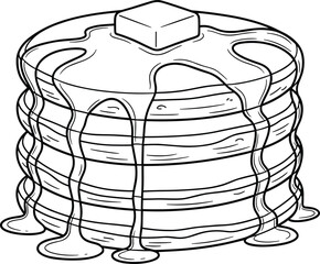 Stack of fluffy pancakes with melting butter and syrup drizzling down, classic breakfast illustration perfect for menus, recipes, and morning food themes.