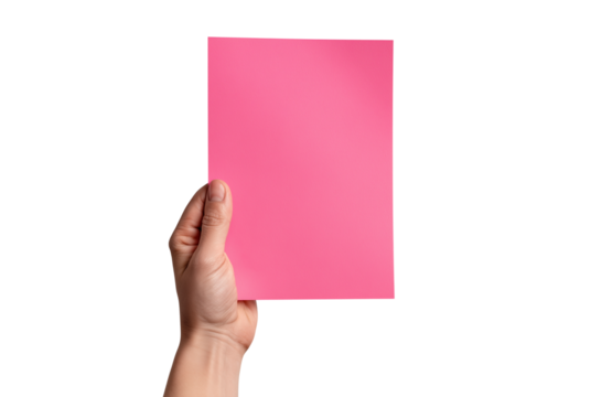 Hand holding a blank pink notebook isolated on transparent background