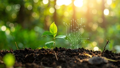 Sapling growing from soil with digital circuit overlay, set against a blurred, sunlit green background