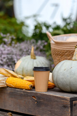 Autumnal decoration made of different vegetables and plants. Agriculture on autumn or summer