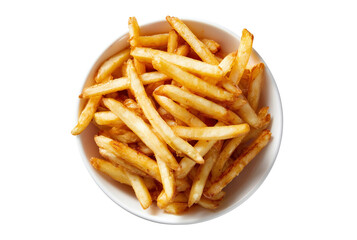 Crispy golden french fries piled high in a white bowl isolated on transparent background