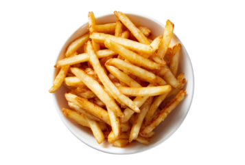 Crispy golden french fries piled high in a white bowl isolated on transparent background