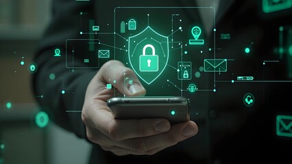 Person in Dark Suit Holding Smartphone with Glowing Cybersecurity Interface and Floating Shield Padlock Icon