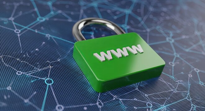 Green padlock on network &mdash; web security concept