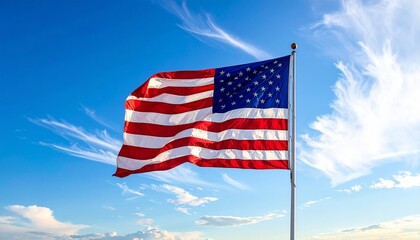 American flag waving dynamically against a bright blue sky with scattered clouds