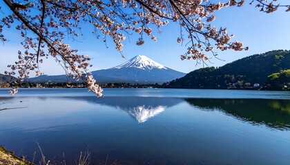 Serene landscape featuring a snow-capped mountain reflected in a still lake, framed by blossoming cherry branches