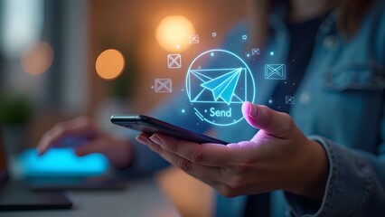 Person in Denim Jacket Holding Smartphone with Glowing Holographic Send Icon and Digital Workspace Background