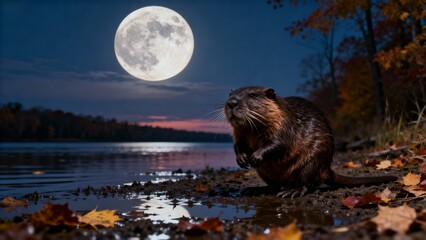 Beaver in a river under a huge full moon – November Beaver Moon poster