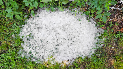 Large pile of ice cubes melting among green plants and grass outdoors. High quality photo