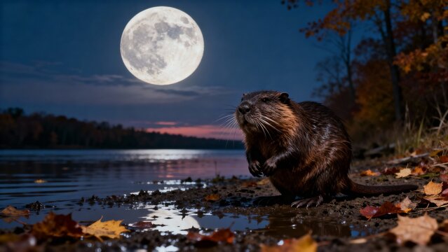 Beaver in a river under a huge full moon &ndash; November Beaver Moon poster.