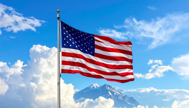 American flag waving dynamically against a bright blue sky with scattered clouds - Powered by Adobe