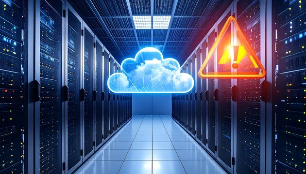 Server room corridor with a glowing cloud and warning sign superimposed, emphasizing data security and infrastructure alerts