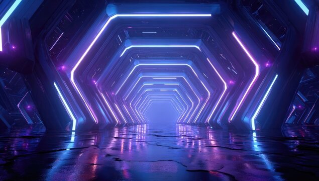 Abstract purple and blue neon hexagon tunnel