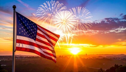 Obraz premium American flag waving in the foreground with fireworks exploding in a vibrant sunset sky over rolling hills
