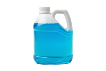 Blue liquid in a clear plastic jug with handle isolated on transparent background