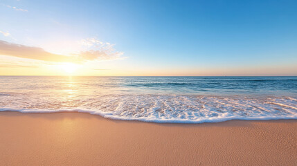 Obraz premium Gentle ocean waves wash over soft sandy beach at sunrise, creating serene atmosphere