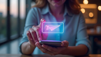 Woman in Light Blue Blouse Holding Smartphone with Glowing Holographic Paper Airplane Icon in Indoor Setting
