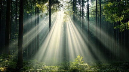 Obraz premium Gentle rays of light breaking through soft fog in serene forest scene
