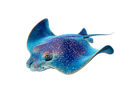 Vibrant blue spotted stingray swimming gracefully isolated on transparent background